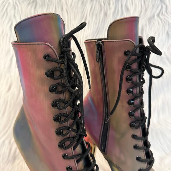 PLEASER Adore Chromatic Reflective Rainbow Platform Stiletto Heels Lace-Up Boots - Picture 5 of 15